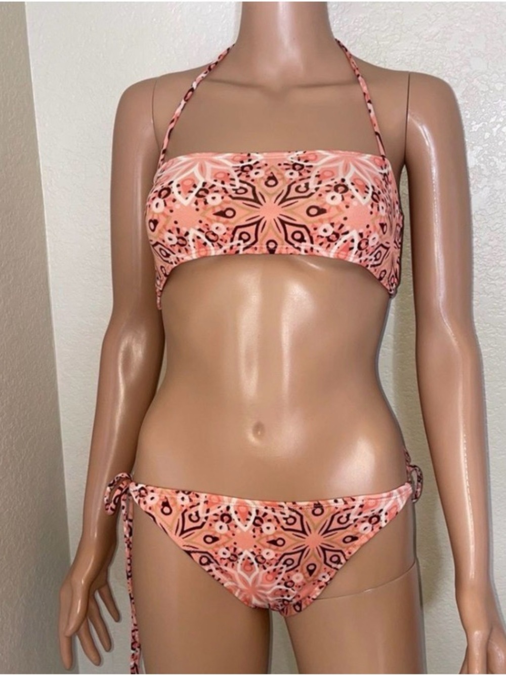 Peach Floral Bandeau top tie neck-Tie-Side Bikini bottom - Women Swim 2 peice M